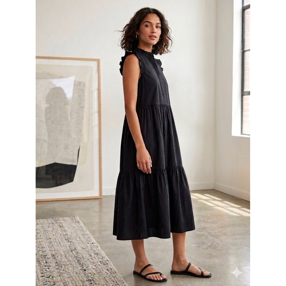 J.Crew Black Ruffle Neck Tiered Cotton Poplin Midi Dress Sleeveless Size 6